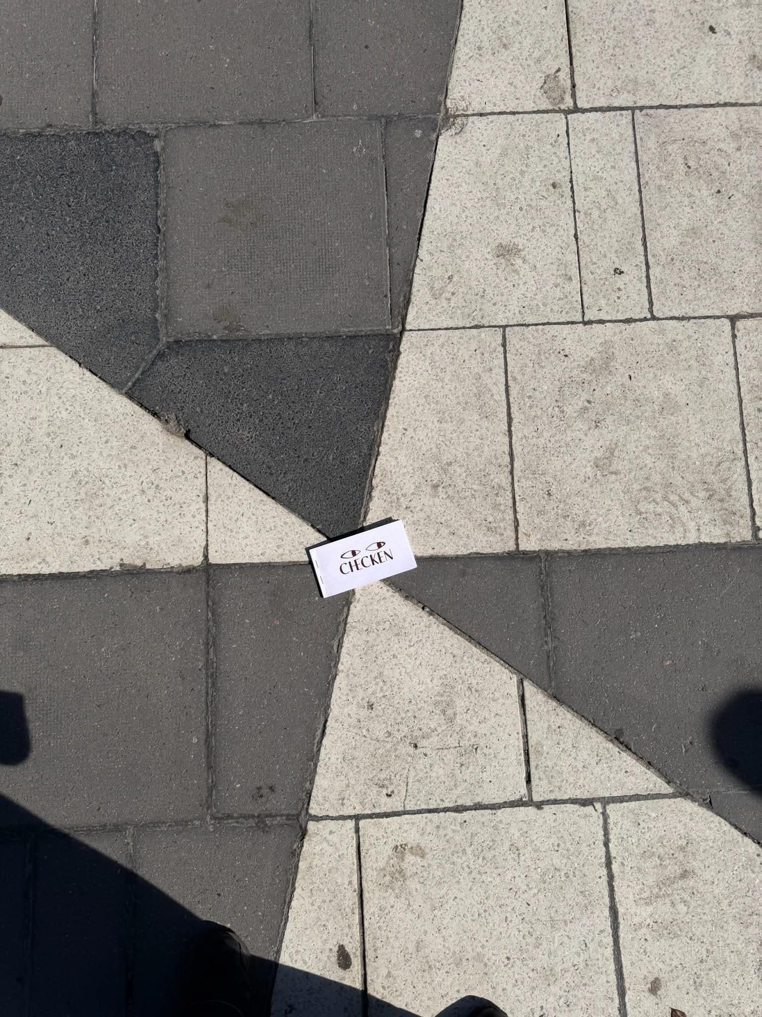 Checken ligger på en stenlagd gata sedd uppifrån